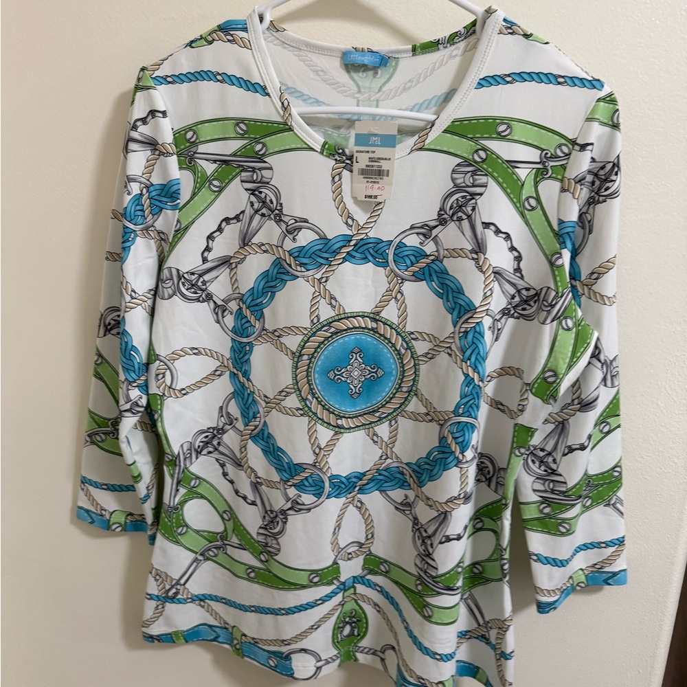 J. McLaughlin Chain Print Long Sleeve Top - Blue and Green